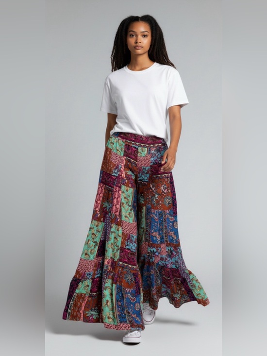 Easel Los Angeles Pants - Easel Patchwork maroon and green flouncy boho pants size small NWT